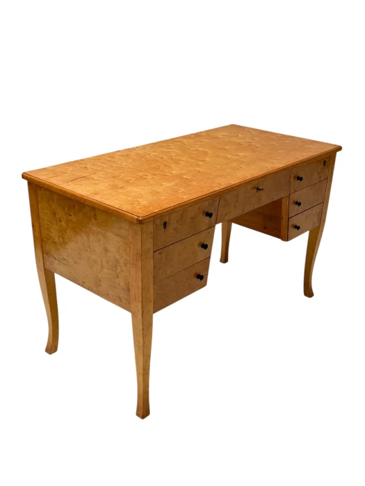 Art Deco Desk in Birdseye Maple, Swedish Design, 1940s, 7 Drawers